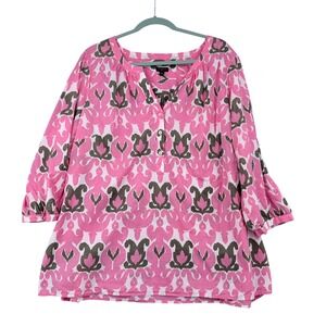Talbots Plus 2X Pink Ikat Damask Cotton Tunic Blouse 3/4 Sleeve Split Neck Top